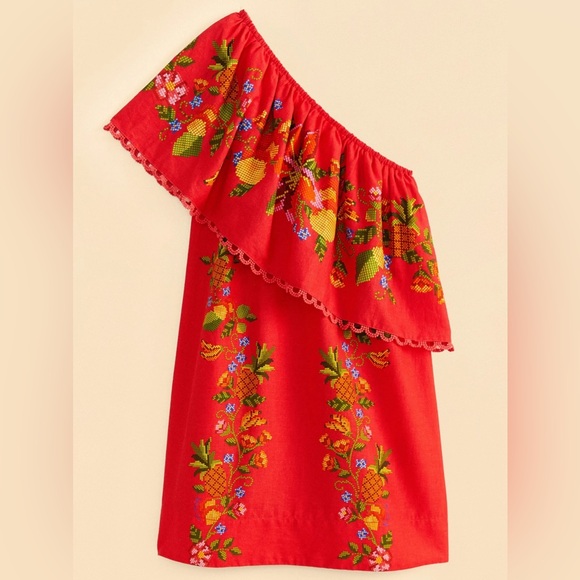 Farm Rio Red Tropical Romance Linen blend Mini Dress, size XS, NWT, retail $300 - Picture 5 of 8